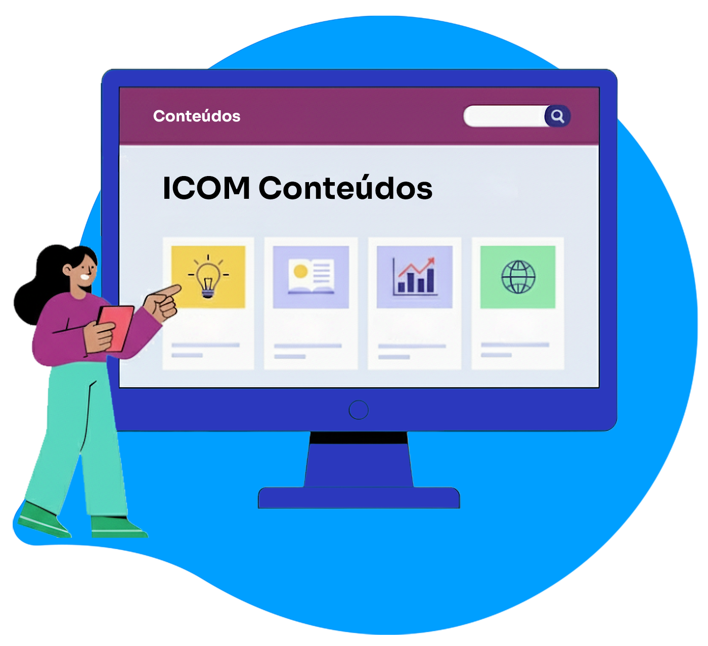 Uma mulher com cabelo longo e preto, vestindo uma camiseta rosa e calças verdes, aponta para a tela de um computador que exibe a página 'ICOM Conteúdos' com ícones representando uma lâmpada, um livro, um gráfico e um globo, sobre um fundo azul.