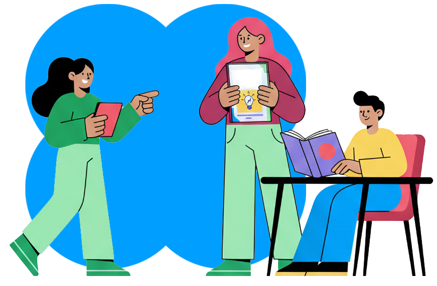 Três personagens em um ambiente estudantil: uma mulher com cabelo longo e preto segura um celular e aponta para a direita, uma mulher com cabelo rosa segura um tablet, e um homem com cabelo curto está sentado à mesa lendo um livro, todos vestindo roupas coloridas.